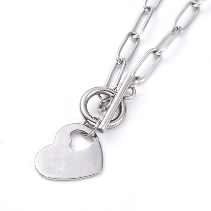 Heart 304 Stainless Steel Pendant Necklaces, with Paperclip Chains and Toggle Clasps