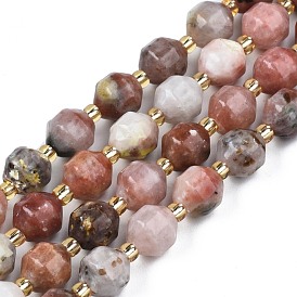 Brins de perles de jaspe fleur de prunier naturel, avec des perles de rocaille, tambour à barillet bicône à facettes
