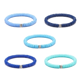 5Pcs 5 Colors Handmade Polymer Clay Heishi Surfer Stretch Bracelet Sets, Preppy Jewelry for Women