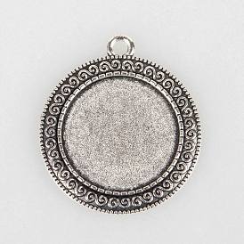 Tibetan Style Alloy Pendant Cabochon Settings, Cadmium Free & Lead Free, Flat Round, Tray: 25mm, 40x35x2mm, Hole: 3mm, about 150pcs/kg