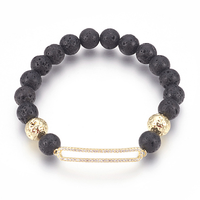 Stretch Bracelets, with Long-Lasting Plated Electroplated Natural Lava Rock, Natural Lava Rock and Brass Cubic Zirconia Beads, Rectangle