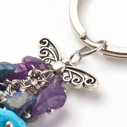 Porte-clés pendentifs en perles de pierres précieuses naturelles et synthétiques et faits à la main, avec du laiton, fer, 304 Apprêts en acier inoxydable et alliage, coeur avec le mauvais œil