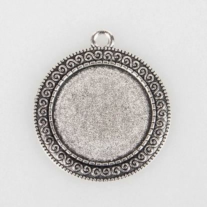 Tibetan Style Alloy Pendant Cabochon Settings, Cadmium Free & Lead Free, Flat Round, Tray: 25mm, 40x35x2mm, Hole: 3mm, about 150pcs/kg