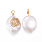 Natural Cultured Freshwater Pearl Pendants, with Brass Micro Pave Cubic Zirconia Findings, Nuggets with Flower, Golden