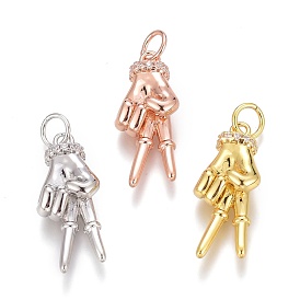 Brass Micro Pave Clear Cubic Zirconia ASL Pendants, Peace Hand Charms, Long-Lasting Plated, with Jump Rings, Yeah Gesture Pendants