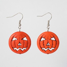 Halloween Pumpkin Jack-o'-Lantern Jack o Lantern boucles d'oreilles pendantes synthétiques turquoise, avec crochets d'oreilles en laiton, 45 mm, broches: 0.7 mm