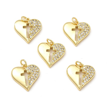 Micro cuivres ouvrent pendentifs zircone cubique, avec anneau de saut, coeur avec breloque croix religieuse