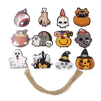 12 estilos etiquetas de papel tema de halloween, con cuerda de cáñamo, etiquetas de regalo etiquetas colgantes para decoración de halloween