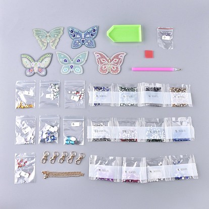 DIY Diamond Painting Stickers Kits For Key Chain Making, with Diamond Painting Stickers, Resin Rhinestones, Diamond Sticky Pen, Lobster Clasps, Chain, Tray Plate and Glue Clay, Butterfly