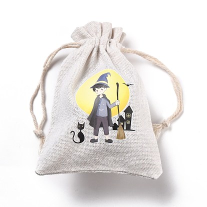 Halloween Cotton Cloth Storage Pouches, Rectangle Drawstring Bags, for Candy Gift Bags
