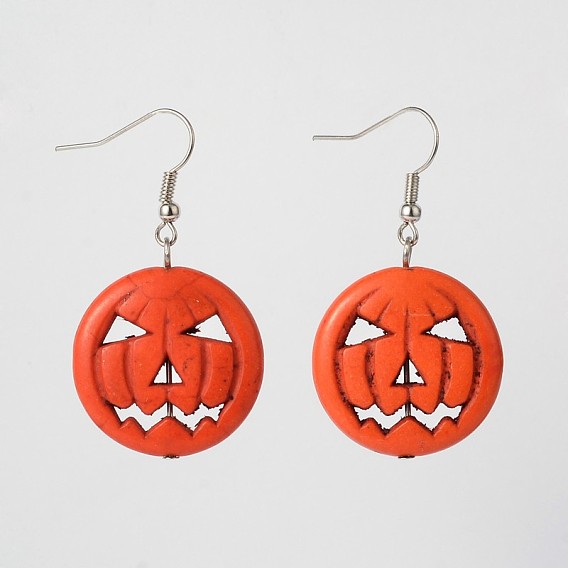 Halloween Pumpkin Jack-O'-Lantern Jack o Lantern Synthetic Turquoise Dangle Earrings, with Brass Earring Hooks, 45mm, Pin: 0.7mm