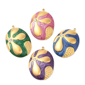 Enamel Pendants, with 304 Stainless Steel Rhinestone Finding, Real 18K Gold Plated, Oval with Flower Charm