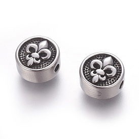 304 Stainless Steel Beads, Flat Round with Fleur De Lis