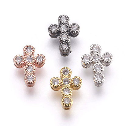 Brass Micro Pave Cubic Zirconia Beads, Lead Free & Cadmium Free, Cross, Clear