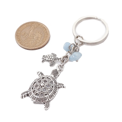 Turtle Alloy Pendant Keychain, with Natural Aquamarine Chip