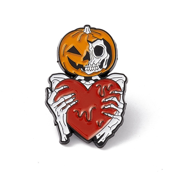 Pumpkin Skeleton with Heart Enamel Pin, Halloween Alloy Badge for Backpack Clothes, Electrophoresis Black