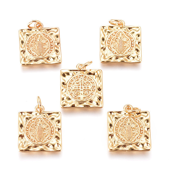 Pendentifs en laiton, avec des anneaux de saut, martelée, pour la religion, Saint-Benoît médaille, carrée