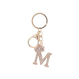 Crystal Rhinestone Initial Letter with Crown Pendant Keychains, with Light Gold Alloy Findings