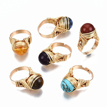 Adjustable Gemstone Round Finger Rings, with Brass Findings