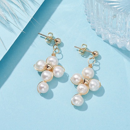 Boucles d'oreilles pendantes en forme de croix avec perles naturelles de qualité A, boucles d'oreilles pendantes en fil de laiton plaqué or véritable K