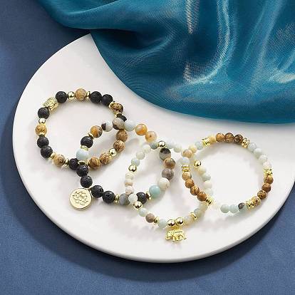 4Pcs 4 Style Natural & Synthetic Mixed Gemstone & Buddhist Head Beaded Stretch Bracelets Set, Lotus & Elephant Alloy Charms Stackable Bracelets for Women