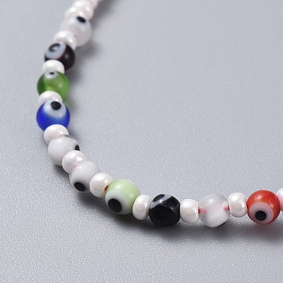 Adjustable Nylon Thread Anklets, with Handmade Evil Eye Lampwork Beads and Glass Seed Beads, Round