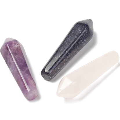 3Pcs 3 Style Gemstone Pointed Beads, Healing Stones, Reiki Energy Balancing Meditation Therapy Wand, Including Natural Amethyst & Rose Quartz and Synthetic Blue Goldstone, Bullet, Undrilled/No Hole Beads