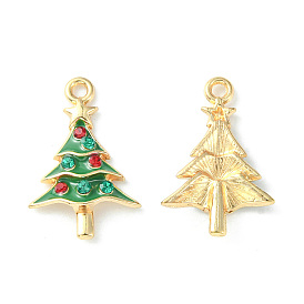 UV Plating Alloy Pendants, with Rhinestone, Christmas Tree Charms, Light Gold