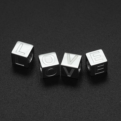 201 Stainless Steel European Beads, Large Hole Beads, Horizontal Hole, Cube with Letter