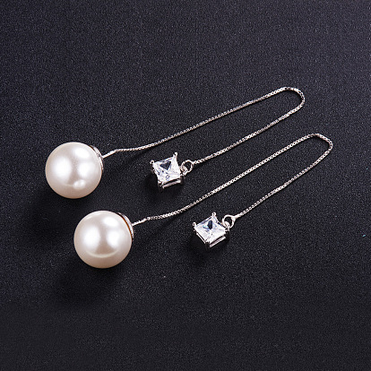 SHEGRACE Chic Rhodium Plated 925 Sterling Silver Dangle Ear Threads, with AAA Cubic Zirconia and Shell Pearl, 175mm, Pin: 0.7mm