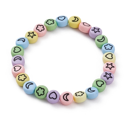 Kid Bracelets, Opaque Acrylic Enamel Beads Stretch Bracelets, Flat Round with Moon & Heart & Flower Pattern
