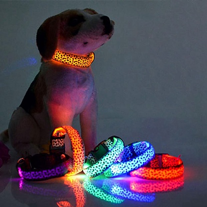 Adjustable Polyester LED Dog Collar, with Water Resistant Flashing Light and Plastic Buckle, Built-in Battery, Leopard Print Pattern