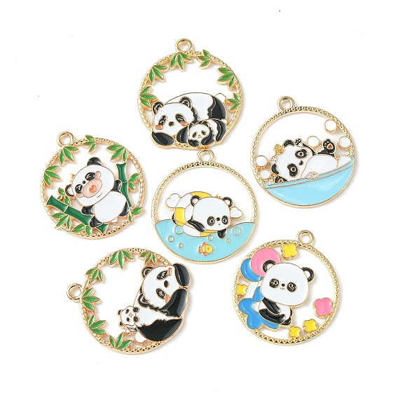 Alloy Enamel Pendants, Flat Round with Panda Charm, Real 14K Golden Plated