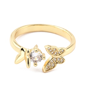 Brass Micro Pave Cubic Zirconia Cuff Ring, Long-Lasting Plated, Butterfly & Flat Round