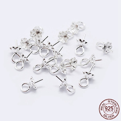 925 Sterling Silver Cup Pearl Bail Pin Pendants, For Half Drilled Beads, Flower