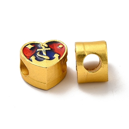 Rack Plating Alloy Enamel European Beads, Large Hole Beads, Cadmium Free & Lead Free, Matte Gold Color, Heart with Cross Pattern