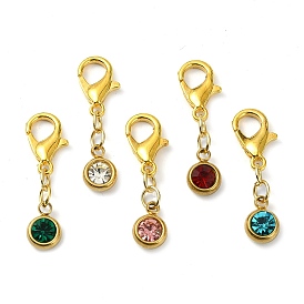 201 Stainless Steel Rhinestone Pendant Decorations, with Zinc Alloy Lobster Claw Clasps, Flat Round