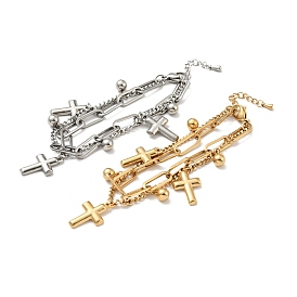 Bracelet multirangs charm croix et boule ronde, 304 bracelet à chaînes double couche en acier inoxydable pour femme