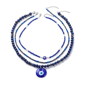 3Pcs 3 Style Lampwork Evil Eye Pendant Necklaces Set, Natural Lapis Lazuli & Glass Seed Beaded Stackable Necklaces for Women