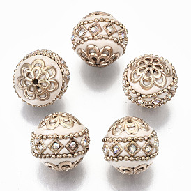 Perles Indonésiennes manuelles, avec cristal ab strass et apprêts en laiton doré, ronde