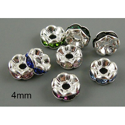 Séparateurs perles en verre avec strass en laiton, grade de aaa, bord ondulé, sans nickel, de couleur métal platine , rondelle, 4x2mm, Trou: 1mm