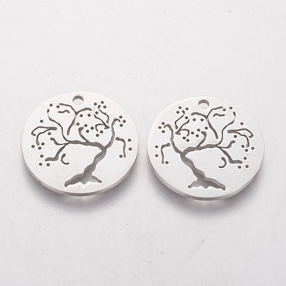 201 Stainless Steel Pendants, Flat Round with Cherry Tree