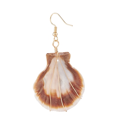Copper Wire Wrapped Natural Scallop Shell Dangle Earring for Women, with Brass Earring Hook