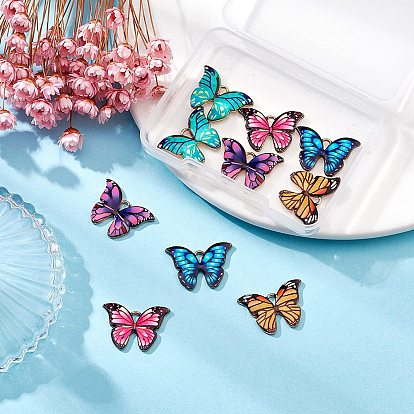 10Pcs 5 Colors Printed Alloy Pendants, with Enamel, Butterfly, Light Gold
