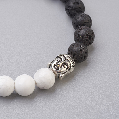 Perles de pierre de lave naturelle et perles de howlite naturelles bracelets extensibles, avec les accessoires en alliage, Bouddha, Emballage en toile de jute, argent antique