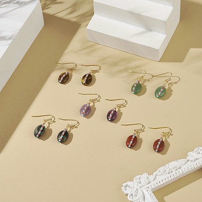 5 paire de boucles d'oreilles pendantes ovales tressées de pierres précieuses naturelles et de graines de verre, bijoux en fil de laiton doré pour femmes