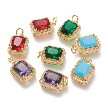 Brass Glass Charms, with Micro Pave Clear Cubic Zirconia and Jump Ring, Rectangle