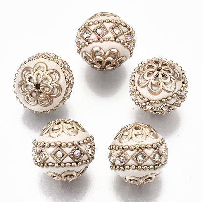 Abalorios de indonesia hecho a mano, con diamantes de imitación de cristal ab y fornituras de latón en tono dorado, rondo