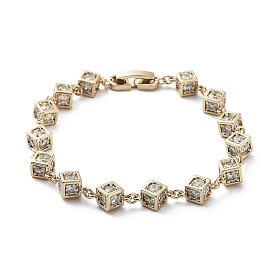 Cube Brass Link Chain Bracelet with Clear Cubic Zirconia, Long-Lasting Plated