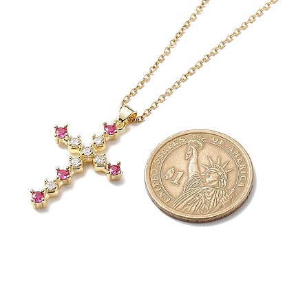 Fuchsia Cubic Zirconia Cross Pendant Necklace, 304 Stainless Steel Jewelry for Women